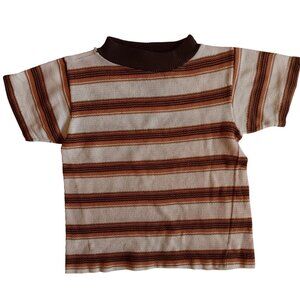 Vintage Boys 6-8 T-shirt 1970's Brady Bunch Brown Tan Striped Ribbed Knit Groovy